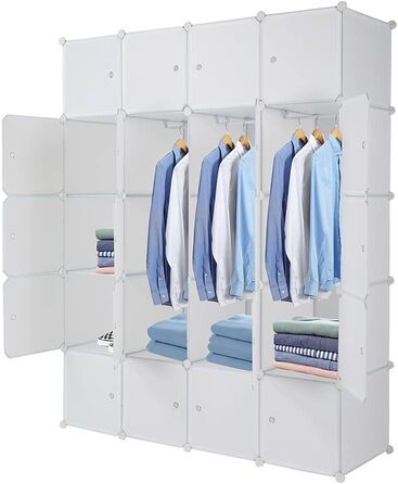 Пластикова шафа Bonnlo, система полиць своїми руками, портативна шафа, полиця з дверима, модульна полиця на 20 кубів з 3 рейками для одягу, біла, 142x47x178 см