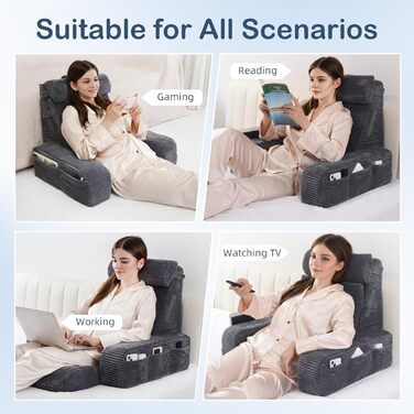 Регульована подушка для читання та спинка Vekkia - зонована піна різної щільності для цілеспрямованої підтримки, бічні кишені XL - крісло-ліжко для читання, гри, відпочинку та відпочинку