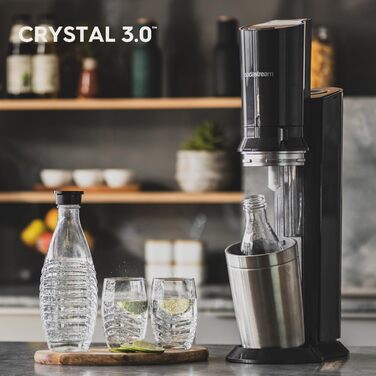 Виробник газованої води SodaStream Crystal 3.0 Quick-Connect CO2 балон і скляний графин, срібло, чорний/титан, 45 см з 1 пляшкою та балоном CO2