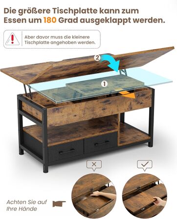 Журнальний столик з регульованою висотою, багатофункціональний стіл для вітальні 3-в-1, журнальний столик з 2 шухлядами, приховане місце для зберігання речей, відкрите відділення, можна використовувати як обідній стіл, для вітальні, офісу, коричневий