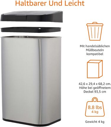 Л відро для сміття з нержавіючої сталі з безконтактним датчиком руху, прямокутне, сріблясте/чорне 60 л прямокутне одинарне, 60