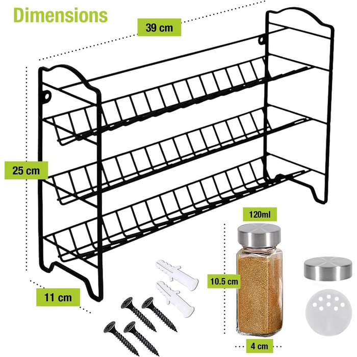 Підставка для спецій, 24 банки для спецій, 3-рівневий органайзер з металевим каркасом, з етикетками, індивідуальними кришками та дозаторами (Модель 2)