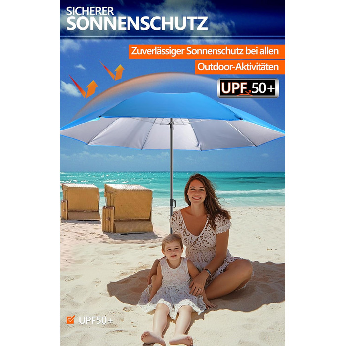 Пляжна парасолька Menz Ø 160 см - Функціональна дорожня парасолька UPF 50 для валіз - Практична, маленька складна пляжна парасолька, компактна пляжна парасолька, що поміщається у валізу, синя