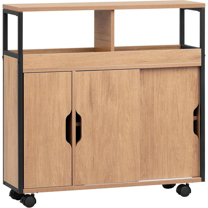 Шафка для ванної кімнати EUGAD, вузька нішева шафка, шафка для ванної кімнати з 2 відкритими відділеннями, регульована полиця, розсувні дверцята, нішева полиця з колесами, 70x70x20 см, чорний світлий дуб E1-MDF метал 70x20x70 см