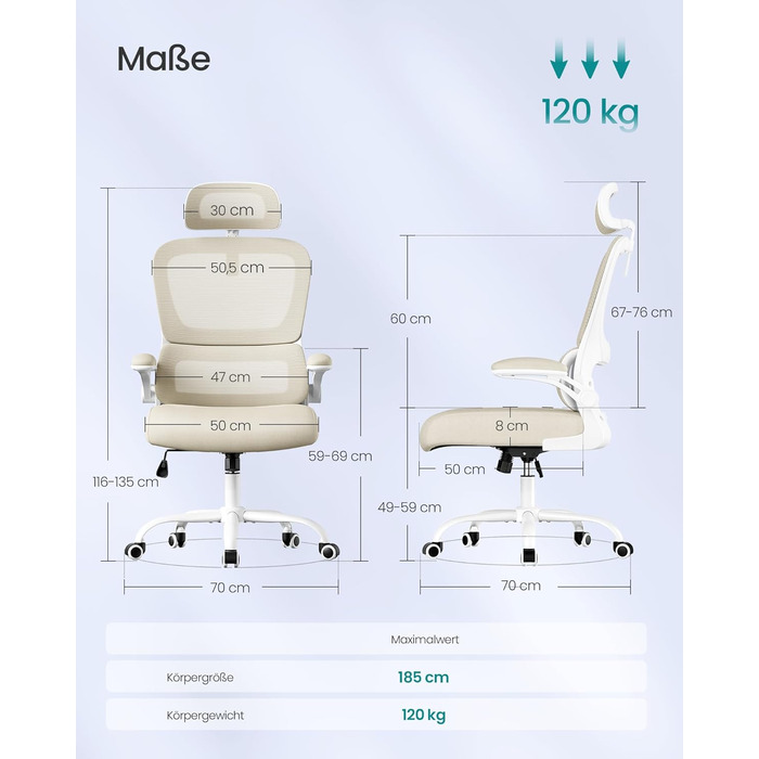 Офісне крісло SONGMICS, стілець для столу, ергономічне сітчасте крісло, з двошаровою сітчастою тканиною, повітропроникне, адаптивна поперекова підтримка, регульований підголівник, для домашнього офісу, пісочно-бежевий OBN041L01 Пісочно-бежевий подвійна сп
