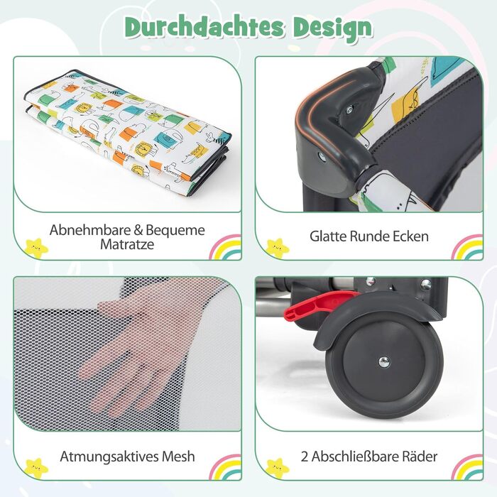 Дорожнє ліжечко DREAMADE 5-в-1 з матрацом 120 x 60 см, регульована по висоті тумбочка з пеленальний столик, музичний мобіль та іграшки, дитяче ліжечко та гойдалка для малюків від народження (сірий)