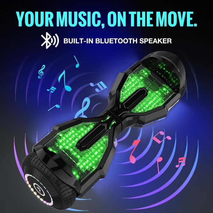 Гіроскутери EVERCROSS EV2 із сидінням – акумулятор 5,2 Аг, 15 км/год, музика через Bluetooth, 7-кольорове підсвічування педалей, вантажопідйомність 85 кг, з ховеркартом для дітей, підлітків та дорослих