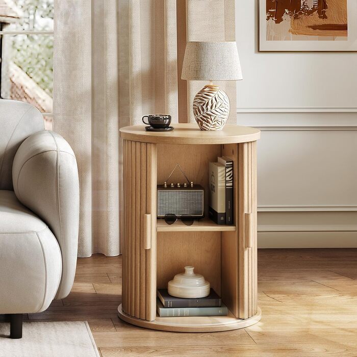 Круглий стіл YITAHOME з шафою з розсувними дверима, бічний столик з 2-ярусною полицею для зберігання для спальні, їдальні, вітальні, домашнього офісу або квартири, невеликий журнальний столик/тумбочка, світлий дуб