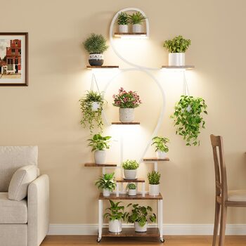 Підставка для рослин HAUSPROFI 190 см з лампою для вирощування - 9-ярусна металева та дерев&39яна підставка для квітів, полиця для рослин, квіткові драбини для приміщень та вулиці, декоративна полиця для саду, біла