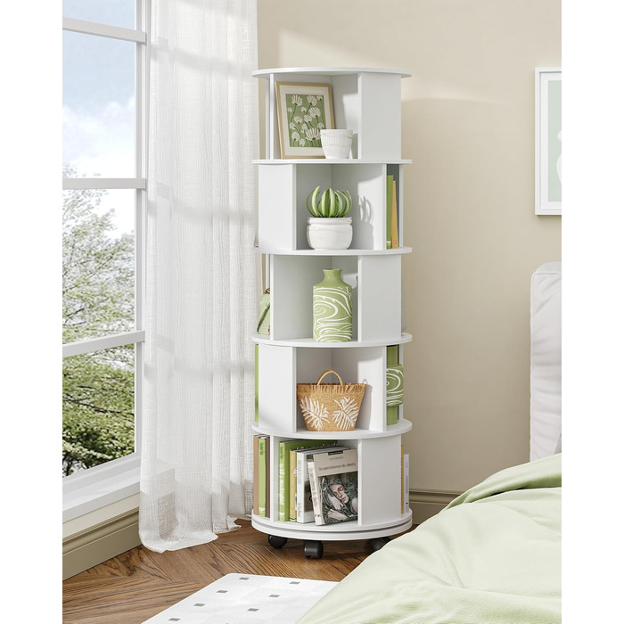 Книжкова полиця Hzuaneri, поворотна на 360, 5-рівнева вертикальна полиця для зберігання, сучасна окремостояча полиця, декоративна полиця на колесах, для вітальні, кабінету, офісу, 45 x 45 x 161,5 см, біла BC54003X