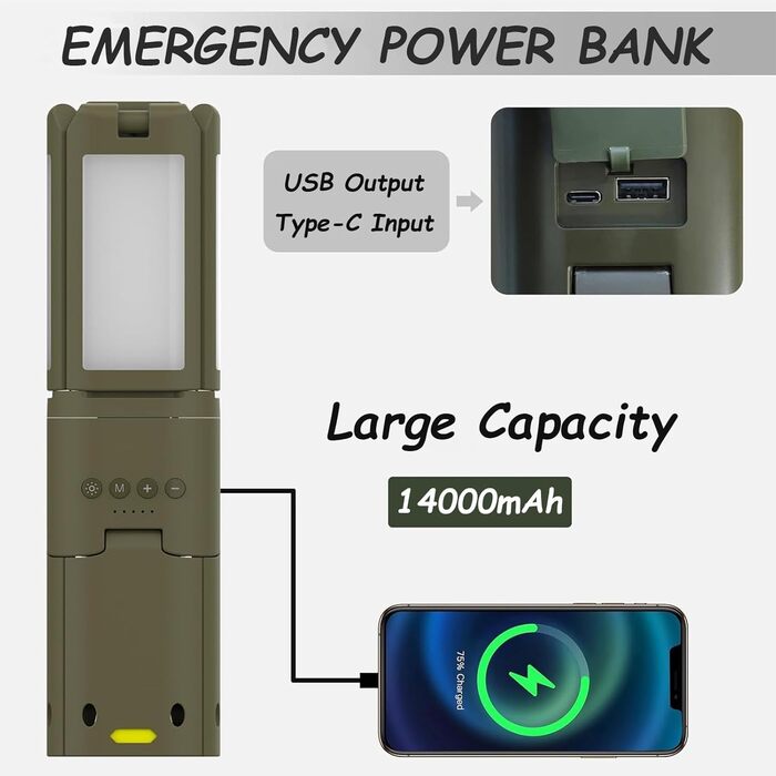 Телескопічний тримач для ліхтаря для кемпінгу з акумулятором, портативний магнітний ліхтар із зовнішнім акумулятором, водонепроникний, 3 режими аварійного освітлення для кемпінгу, надзвичайних ситуацій, риболовлі, походів тощо (військово-зелений)