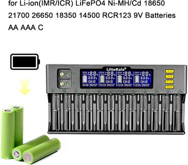 Слотовий РК-дисплей швидкий зарядний пристрій, інтелектуальний універсальний зарядний пристрій для літій-іонних (IMR/ICR) LiFePO4 Ni-MH/Cd 18650 21700 26650 18350 14500 RCR123 9V батарей AA AAA C, 12 18650 12-