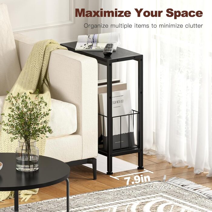 Вузький приставний столик, тонкий приставний столик з полицею для журналів, 2 полиці, вузька тумбочка біля ліжка, маленький журнальний столик для вітальні, спальні, кабінету, 20 x 43 x 58 см (Чорний)