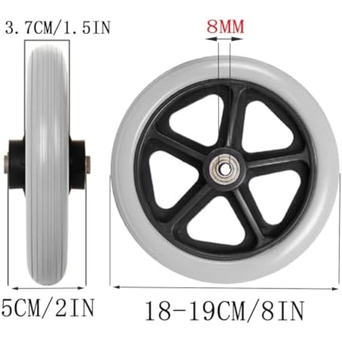 Колеса для інвалідних візків 6/7/8 дюймів переднє колесо, запасні колеса чорного кольору, 2 передніх колеса з твердими шинами, гвинтове кріплення, колеса для геріатричних автомобілів, для інвалідних візків, ролерів, ходунків сірі 18-19см/8дюймів