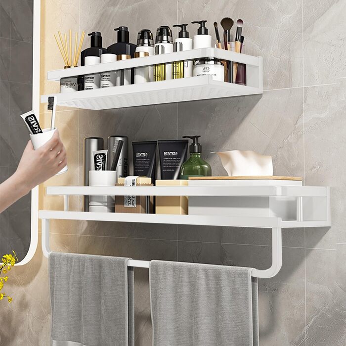 Полиця для душу Devesanter, 2 шт., 40 см, без свердління, для ванної кімнати, з тримачем для рушників та 4 гачками для спальні, вітальні, кухні та ванної кімнати (біла) 40 см