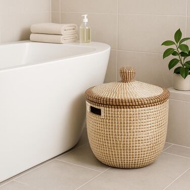 Кошик Kobolo TAIPAN зі зміями та морською травою Ø 42 см, В 45 см Кошик ручної роботи з кришкою бежевого кольору Кошик для білизни Декоративний кошик Виготовлений з натурального матеріалу для білизни, іграшок та журналів