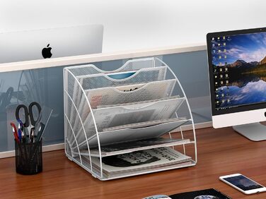 Металевий офісний органайзер EasyPAG з 6 відділеннями у формі віяла A4, тримач для документів, лоток для файлів, тримач для журналів, лоток для листів, органайзер для паперових журналів, білий