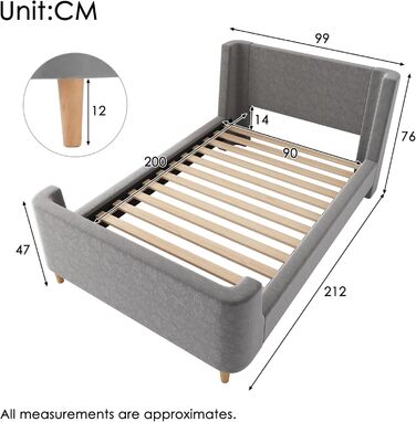 Дитяче м&39яке ліжко Merax 90x200 см, каркас одного ліжка з рейковою основою, високим узголів&39ям та ізніжжям, миле дитяче ліжко з креативним мультяшним візерунком, для хлопчиків та дівчаток, оксамит, матрац не входить до комплекту, сірий 90 x 200 см сір