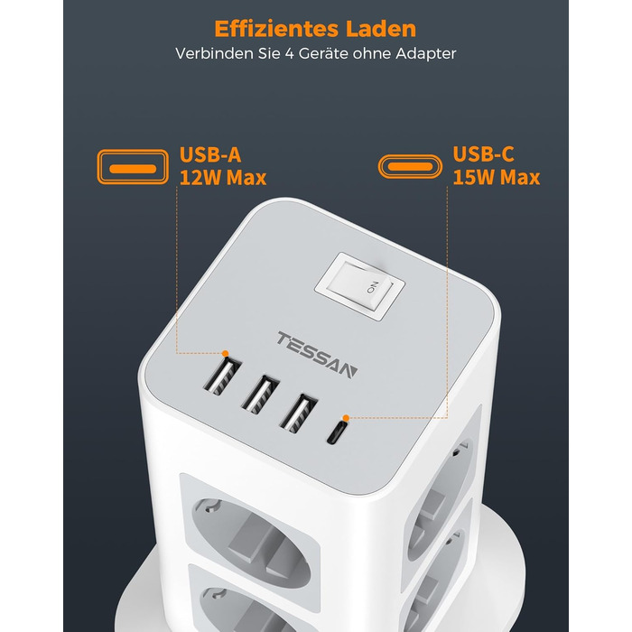 Місна розетка з USB C, захист від перенапруги з 3 USB і 1 USB C, розетка з вимикачем, подовжувач 2M для дому, 3600 Вт 2 метри, 8-