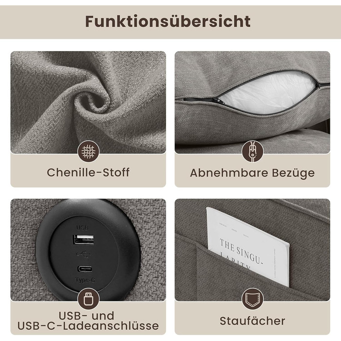 Розкладний секційний диван 250 см з шезлонгом, сучасний L-подібний двосторонній дизайн, зручна тканина шеніл, знімні чохли для подушок, порти USB Type-C, вітальня (світло-сірий), світло-сірий 3-місний L-подібний диван