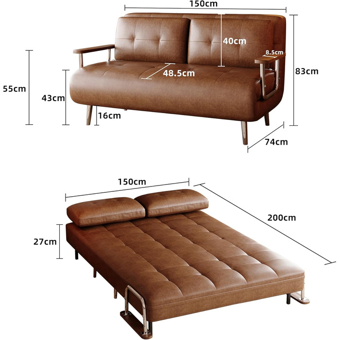Диван-ліжко під шкіру, сучасний 2-місний диван з функцією сну, диван-ліжко з розкладним матрацом, універсальний диван-ліжко для віталень, спалень та невеликих кімнат, коричневий (150 см)