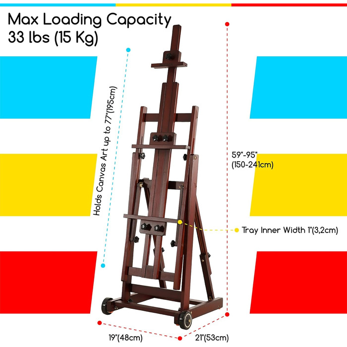 Багатофункціональний студійний мольберт MEEDEN, мольберт з H-подібною рамкою, мольберт з масиву бука з передніми колесами, може вміщати полотна до 196 см (77''), колір горіха