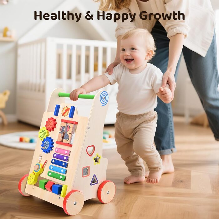 Дерев&39яні ходунки для дітей 8-в-1 з колесами та будівельними блоками, багатофункціональна іграшка-подарунок для малюків від 10 місяців до 1-2 років, кольору дерева