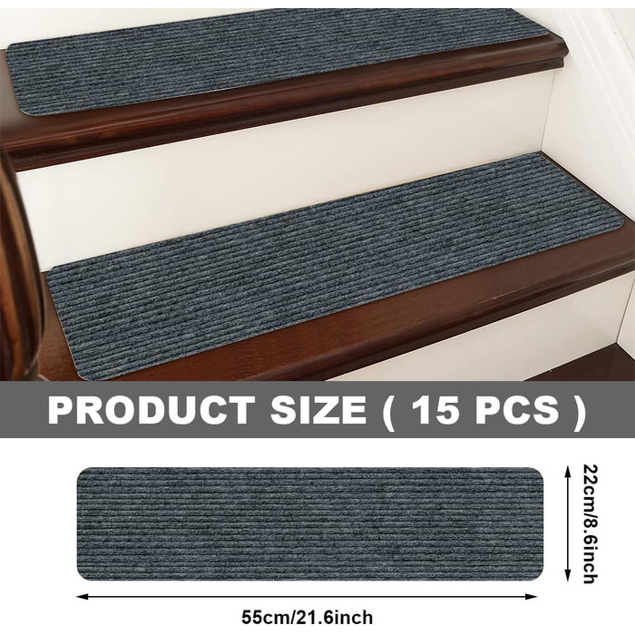 Килимки для сходів, 15 шт. , 55 x 22 см, самоклеючі, можна прати в пральній машині, протиковзкі, для сімей з дітьми, людьми похилого віку та домашніми тваринами (сірі)