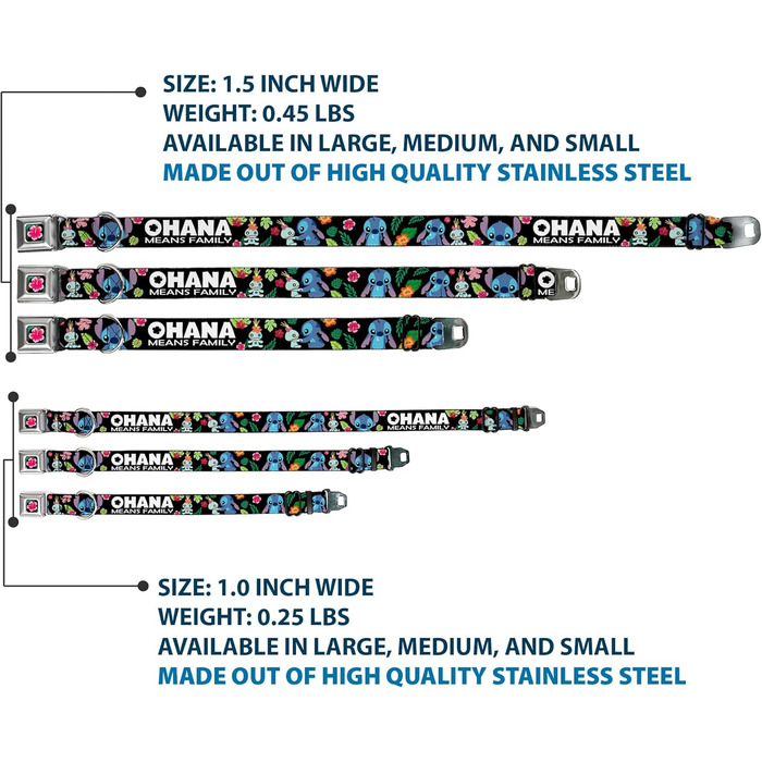 Нашийник для собак Buckle-Down Охана (Lilo & Stitch), з надійною застібкою, чорний, багатокольоровий, ширина 2.5 см - підходить для обхвату шиї 28-43 см, розмір М. Дизайн Охана означає сім'ю, зображення Стіча та Скрампа, тропічні рослини, чорно-біле та ба