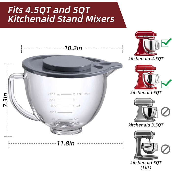 Скляна миска Gdrtwwh для міксера KitchenAid 4.5-5 кварт з нахиленою головкою, заміна на скляну миску KitchenAid Artisan Mixer (скляна чаша)