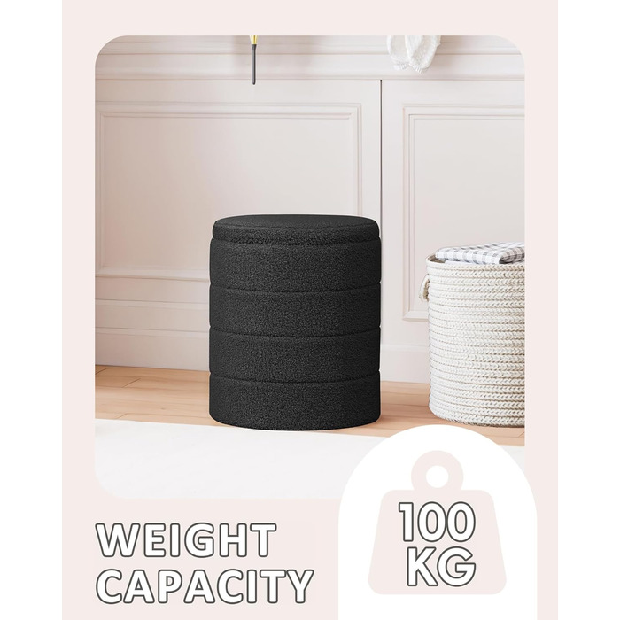 Табурет PINPLUS з місцем для зберігання, кругла коробка для зберігання з кришкою, складна підставка для ніг, м&39який табурет з місцем для зберігання Ø 37x45 см для вітальні, спальні та коридору, чорний 37Г x 37Ш x 45В см