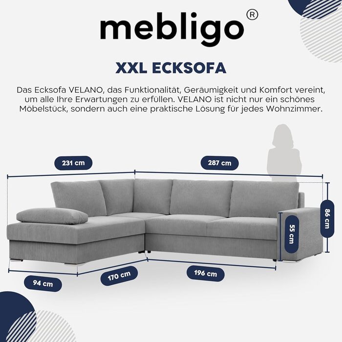 Кутовий диван з функцією сну та відділенням для зберігання речей шириною 287 см VELANO, кутовий диван, L-подібний диван, великий диван, комфорт та стиль, L-подібний секційний диван, L-подібний диван з функцією сну - Вельветовий диван темно-сірий (Poso 022