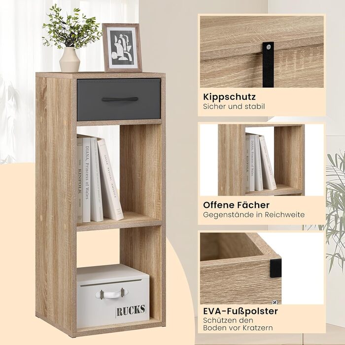 Книжкова полиця WOLTU на 3 рівні, окремостояча полиця з 1 шухлядою для тканини та 2 кубами, відкрита полиця, невелика полиця для зберігання, для вітальні, спальні, дитячої кімнати, 32,4 x 80 x 30 см, світлий дуб, SK055hei