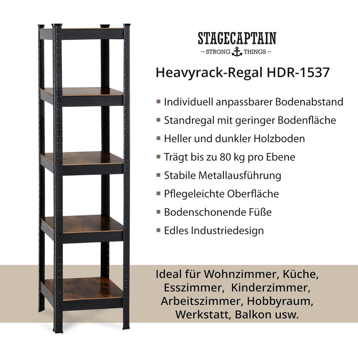 Дизайнерська полиця для зберігання Stagecaptain Heavyrack - Окремостояча полиця для кухні, комор, вітальні та офісу - Полиця для зберігання з 5 полицями зі світлого або темного дерева - Полиця промислового дизайну - Чорна