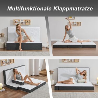 Розкладний матрац, розкладний гостьовий матрац 120 x 195 x 15 см, можна прати та складати, 4-секційний розкладний матрац зі знімним чохлом для подорожей, кемпінгу, гостьове ліжко, сірий, 120x195 15,0 сантиметрів