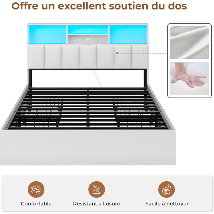 Ліжко AOGLLATI 140200 см, М&39яке ліжко із зарядною станцією та світлодіодним освітленням, Двоспальне ліжко з місцем для зберігання речей та узголів&39ям для зберігання речей, 4 шухляди, Рейкова основа, без матраца (для матраца 140 x 200 см), Білий 140 x 