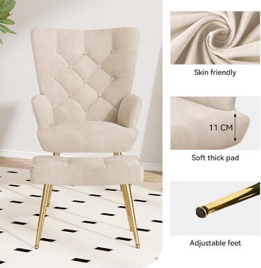 Крісло, диван для вітальні, сучасне крісло-гойдалка, реклайнер з металевими ніжками, оксамит, для вітальні/спальні, до 150 кг (кремовий, з підставкою для ніг) з підставкою для ніг, кремовий