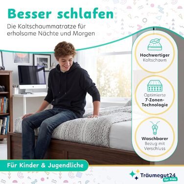 Матрац для дітей та підлітків - 90x200 см - H2 та H3 Розмір висота на вибір Матрац з холодної піни Чохол, приємний для шкіри, можна прати Сертифіковано Oeko-TEX (90 x 200 см, 10 см) 90 x 200 см 10 см, 24 -