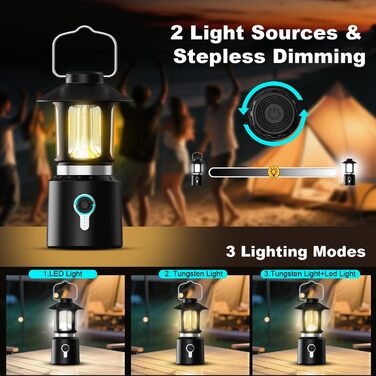 Телескопічний акумуляторний кемпінговий ліхтар, акумулятор 8000 мАг, світлодіодний кемпінговий ліхтар з 3 колірними температурами, плавне затемнення, подвійне джерело світла, суперяскравий ретро-кемпінговий ліхтар для кемпінгу, саду, походів, надзвичайних