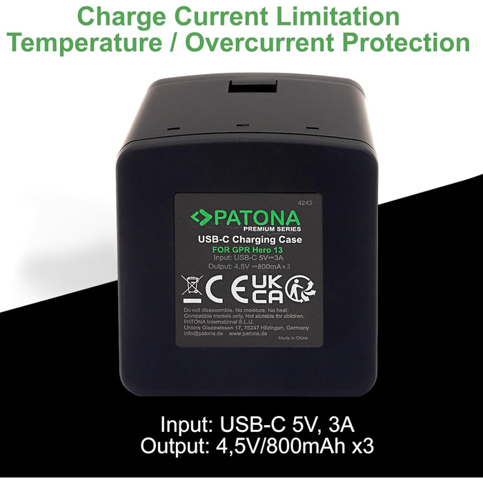 Зарядний кейс PATONA преміум-класу з 3 відсіками, сумісний з GoPro Hero 13, AEBAT-201 Заряджає 3 акумулятори одночасно Зі світловим індикатором та застібкою-клацкою Компактний та легкий У комплекті кабель USB-C