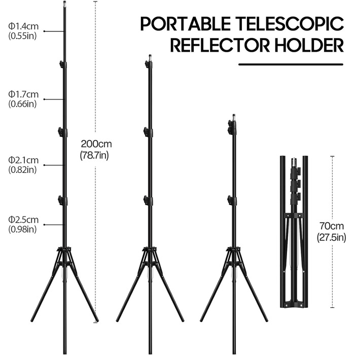 Рефлектор Spardar 110CM 5 в 1 зі штативом, круглий складаний відбивач (розсіювач і золотий/сріблястий/білий/чорний рефлектор для фотозйомки) з тримачем рефлектора та висувним кронштейном 200см для студійної фотозйомки Світловідбивач та набір штативів