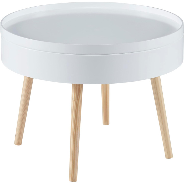 Журнальний столик Bongard зі знімним підносом, круглий бічний столик з гладкою поверхнею, Ø60 x 45 см, для вітальні, низький столик для зберігання, журнальний столик з місцем для зберігання, білий, сучасний