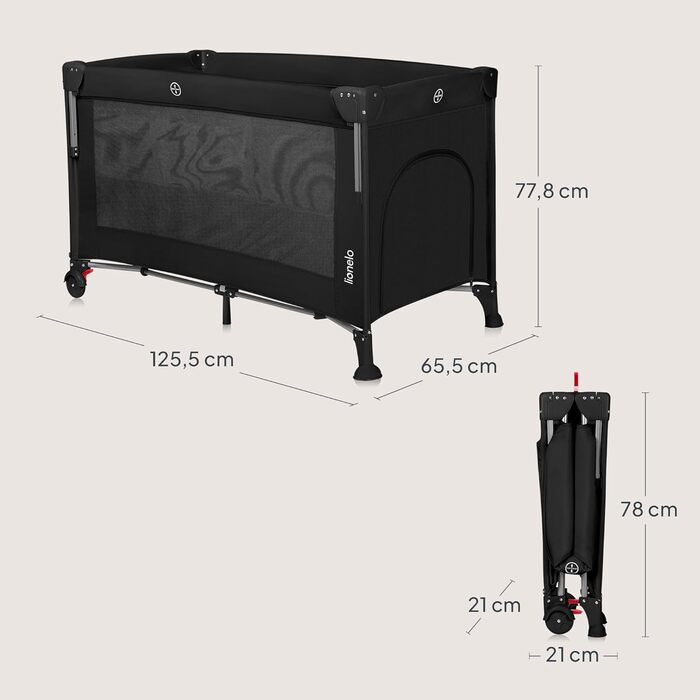Дорожнє ліжечко Lionelo Ellen 3-в-1 для дітей від 0 до 3 років, приліжкове ліжечко для новонароджених та дітей старшого віку до 15 кг, 2 рівні висоти матраца, ремені кріплення, бічна блискавка, 2 колеса, сумка, чорний колір