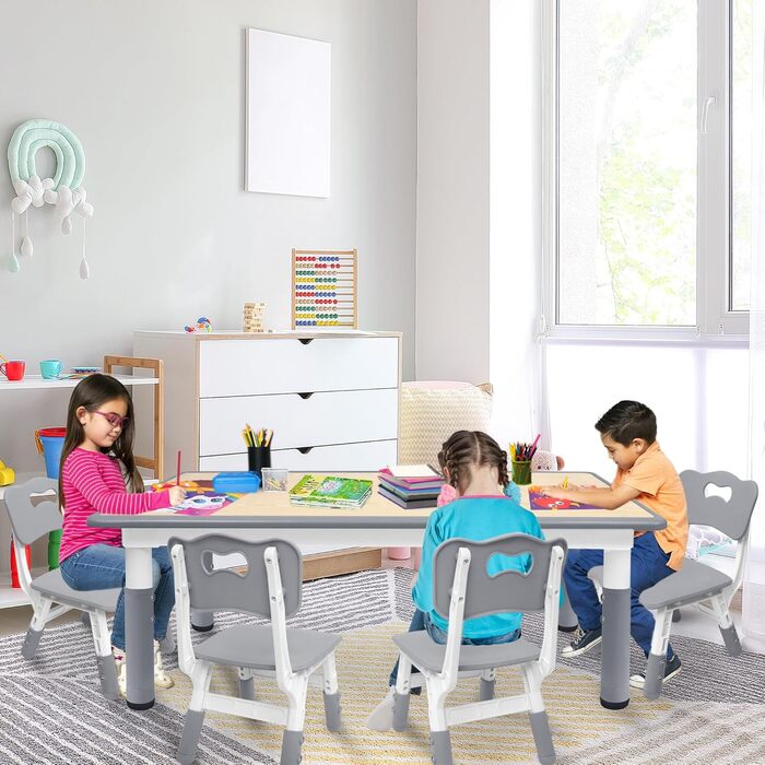 Дитячий стіл AufuN з 4 стільцями, комплект дитячих сидінь з регульованою висотою, комплект столу та стільців для дитячого садка та дитячої кімнати, простий у догляді стіл для малювання для класних кімнат, пластикові дитячі меблі, сірий