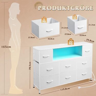 Комод WLIVE, 8 тканинних шухляд, комод з розетками, універсальний комод для спальні та вітальні, з міцним сталевим каркасом та дерев&39яною стільницею, 120 * 30 * 79 см (білий)