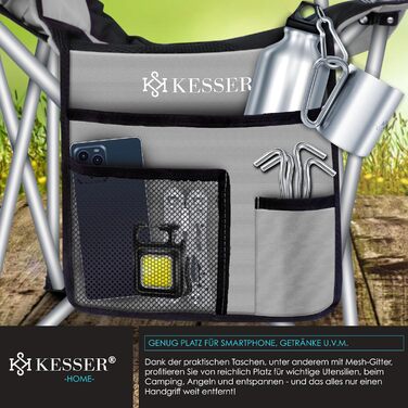 Складаний кемпінговий стілець KESSER, до 150 кг, Рибальський стілець, Складаний стілець, М&39який з підлокітниками, Висока спинка, Пляжний стілець, Складаний табурет, включаючи кемпінговий ліхтарик, Підставка для напоїв, Сумка та чашка, Сірий/Чорний