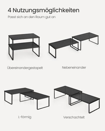 Стійка для спецій, Набір з 2, Кухонна полиця, Кухонний органайзер, Кухня, Тримач для спецій, Розширюваний, Штабелюється, Маленька полиця, Метал, Чорний колір KCS401B01 40 см Чорний колір