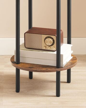 Круглий приставний столик, журнальний столик з 2 полицями, невелика тумбочка біля ліжка, журнальний столик в індустріальному стилі, для вітальні, спальні, вінтажний коричневий та чорний DTBZ01BF Вінтажний коричневий чорний 1