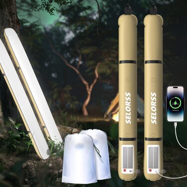 Надувні сонячні кемпінгові ліхтарі SELORSS, 86 см, складний телескопічний ліхтар, портативний світлодіодний вуличний ліхтар ємністю 2000 мАг, водонепроникний IP66 з білим світлом для кемпінгу 2 шт., хакі білий хакі, два шт.