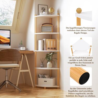 Кутова полиця Ruichang, стояча, 5 ярусів, книжкова полиця, окремостояча полиця, полиця для зберігання, складська полиця для кухні, ванної кімнати, вітальні, офісу, 143,5 x 29 x 29 см, біла